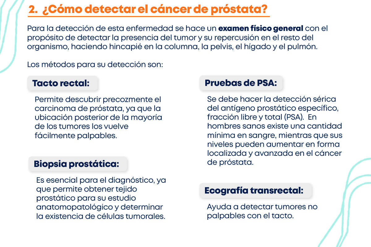 ¿Cómo detectar el cáncer de próstata?  Para la detección de esta enfermedad se hace un examen físico general con el propósito de detectar la presencia del tumor y su repercusión en el resto del organismo, haciendo hincapié en la columna, la pelvis, el hígado y el pulmón.  Los métodos para su detección son:  Tacto rectal: Permite descubrir precozmente el carcinoma de próstata, ya que la ubicación posterior de la mayoría de los tumores los vuelve fácilmente palpables.   Pruebas de PSA:  Se debe hacer la detección sérica del antígeno prostático específico, fracción libre y total (PSA).  En hombres sanos existe una cantidad mínima en sangre, mientras que sus niveles pueden aumentar en forma localizada y avanzada en el cáncer de próstata.  Ecografía transrectal: Ayuda a detectar tumores no palpables con el tacto.  Biopsia prostática: Es esencial para el diagnóstico, ya que permite obtener tejido prostático para su estudio anatomopatológico y determinar la existencia de células tumorales.